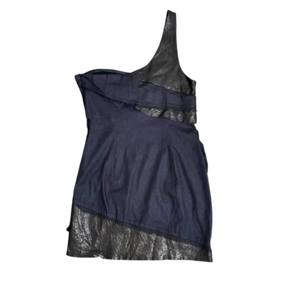 Alice + Olivia Black One Shoulder Cotton Silk Leather Dress Womens Size M - Picture 5 of 12